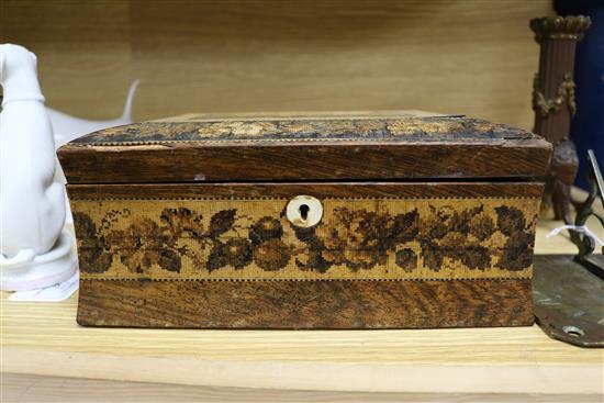 A Tunbridge ware box, a pair monopodia bronze candlesticks and a sun dial box length 23.4cm